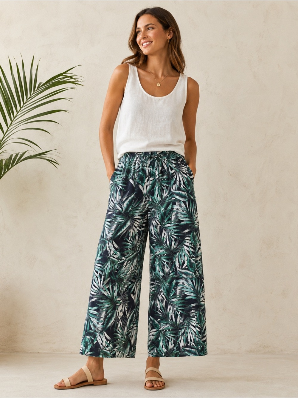 Trenery Tropical Leaf Linen Wide Leg Crop Pants Size 10